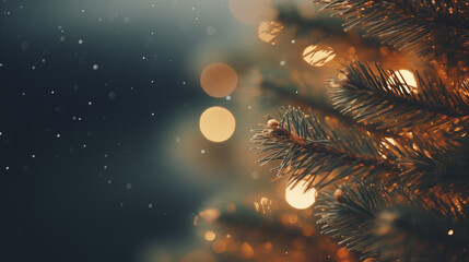 Christmas tree with festive bokeh lights. Christmas and New Year holiday background. Christmas tree close up. Winter season. Happy holiday. Magic time, garland lights. Generated AI - Powered by Adobe