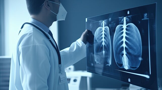 a radiology doctor examining a chest X-ray film of a patient in a hospital room, highlighting the precision and professionalism of medical diagnostics.