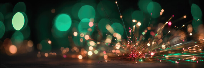 sparking sparkler in the green area. sparkler fire with blurred bokeh background. banner
