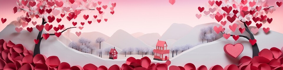 A creatively assembled Valentine's Day paper art scene, showcasing a gift box, ribbon and bow of paper, amid a sea of hearts, on a canvas, with an area for text.