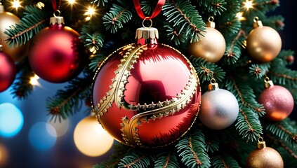 Christmas tree decorated with Christmas balls and Christmas lights