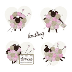 Set of cute sheep made of yarn balls. Vector cartoon knitting illustration