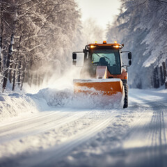 Tractor with a snow plow is plowing snow from a road during hard winter.