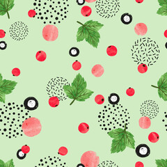 Seamless red berry pattern. Vector abstract background with watercolor currant berries