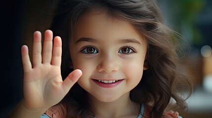 a little girl waving her hand, looking directly at the camera, the innocence and joy of a child greeting and having fun with a webcam, recording a video for a social network.