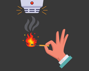 fire sensor. hand with a match. flat vector illustration.
