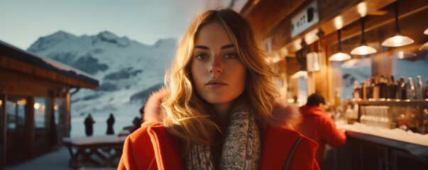 Pretty woman in amazing winter mountains. Apres ski venue - obrazy, fototapety, plakaty