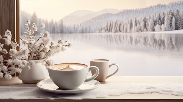a good morning cappuccino paired with a spruce bouquet in a winter morning setting, modern style, showcasing the warmth and coziness of the winter season.