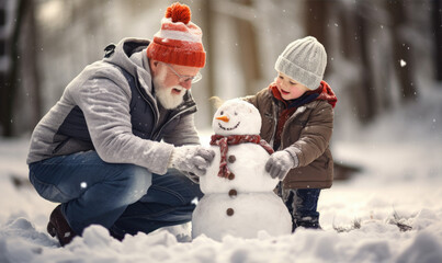Grandfather helping  his grandson to build an amazing snowman