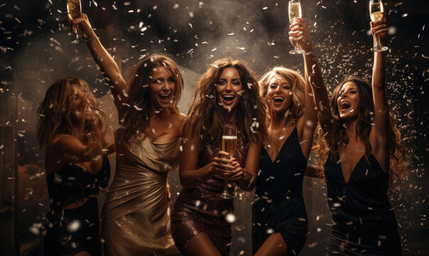 Wild pretty women on the new year celebration party. Drinking champagne, dancing and having fun