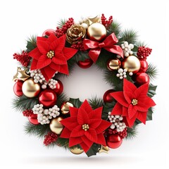 Fototapeta na wymiar Christmas wreath with winter floral elements isolated on white background. Season greeting card element.