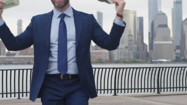Business easy money success. Successful finance businessman in stock market growth. Investment success. Man business trader count cash. Successful in earning. Businessman make money. Finance economy