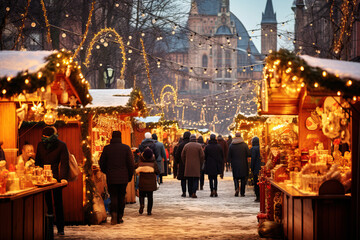 Winter market on a city square, selling seasonal goods, historical architecture covered in a...