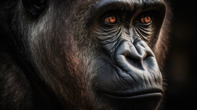 Portrait of a gorilla on a dark background. Close-up. Wilderness. Wildlife Concept.
