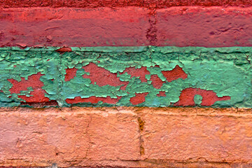 Closeup of chipping  paint on brick wall, Yreka, California