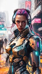 Obraz premium Female Cyborg in Cyberpunk suits.