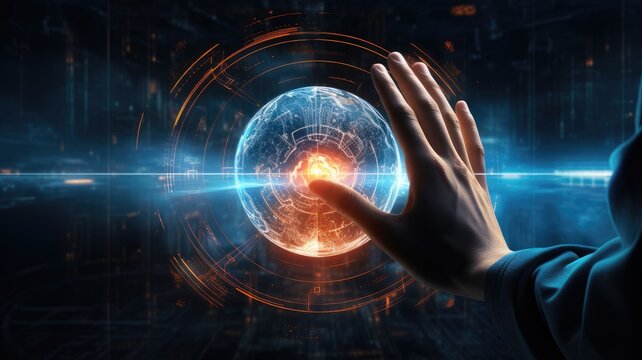 man's hand in the act of touching a security circle to access the metaverse universe, symbolizing the conceptual journey of AI digital transformation for next-gen technology.