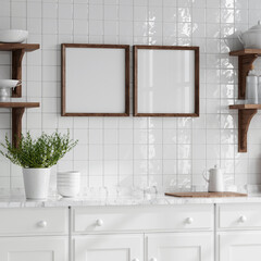 Blank Frame Mockup with sun glare in modern kitchen interior, 3d render