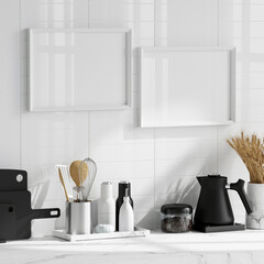 Fototapeta na wymiar Blank Frame Mockup with sun glare in modern kitchen interior, 3d render