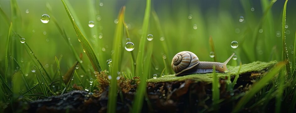 a snail making its slow journey across wet grass following a night of rain. Express the scene in a minimalist and modern style for a visually appealing composition.