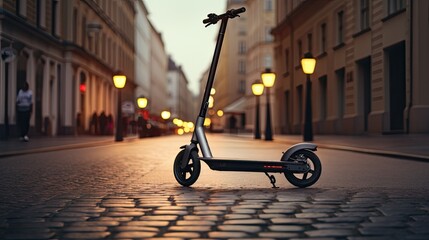 an electric scooter on the sidewalk near a road in the heart of the city, the essence of urban...