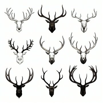 set of hand drawn deer horn silhouette