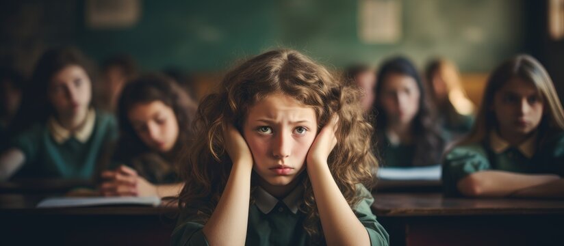 Anxious girl, bored students in class, focusing on education.