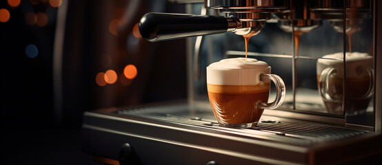 coffee machine making a cappuccino in a glass cup - obrazy, fototapety, plakaty