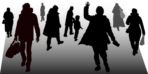 Vector silhouettes of a large group of people, people walking towards each other
