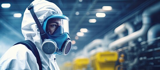 Chemical-carrying factory worker donning protective gear in industrial plant.