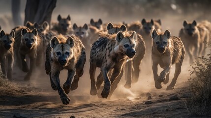 Spotted hyena running in South Africa. Wilderness. Wildlife Concept.