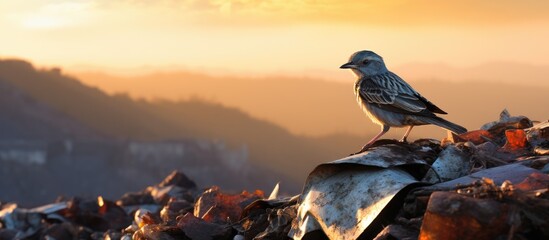 Bird perched near mining waste. - obrazy, fototapety, plakaty