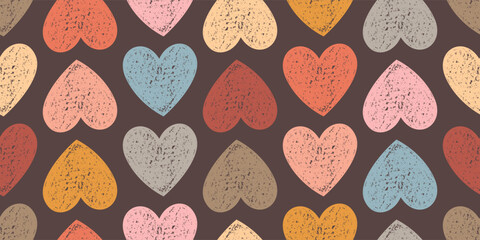 Symmetric Seamless Pattern of Hand-Drawn Textural Colorful Hearts on Dark Background. Style of Children's Drawing.