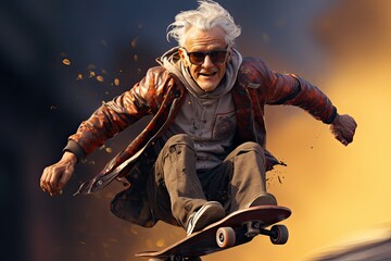 dziadek z babvcią na emeryturze latający na deskorolce w rozpietej koszuli na warjata - obrazy, fototapety, plakaty