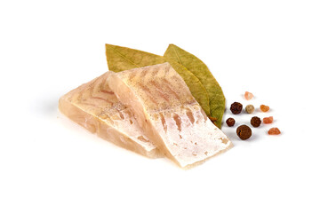 Marinated atlantic herring, sliced fish fillet, isolated on white background.