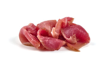Slices of appetizing jamon. Raw ham. Isolated on white background.