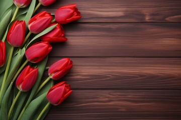 tulips on a red wooden background, empty copy space