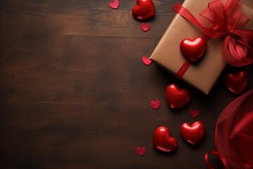 valentines  hearts and gift on wooden background february 14th