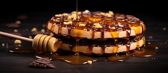 A cookie with chocolate topping and honeycomb pieces.