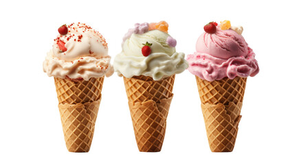 Set of various ice cream scoops in waffle cones isolated on transparent background