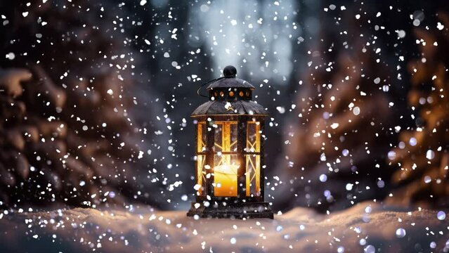Old lantern glowing outdoors in the snow
