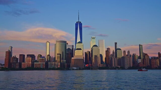 New York Manhattan time laps at dusk. Manhattan New York Cityscape NYC. Timelapse Sunset in New York Lower Manhattan Financial District Hudson River. From New york with love