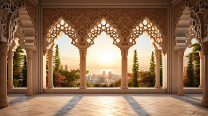 Moorish Alcove: Arches framing vistas of prayer and contemplation. - obrazy, fototapety, plakaty