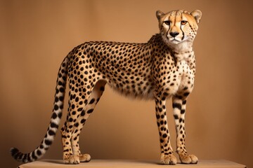 A graceful cheetah, known for its speed, captured in a studio portrait, its sleek body and distinctive spots standing out against a radiant solid backdrop.