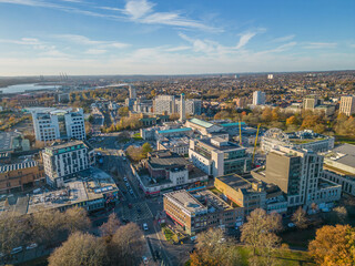 Southampton city center with Sea museum aerial view in autumn towards Southampton Docks