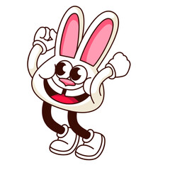 Groovy crazy rabbit head vector illustration. Cartoon isolated retro comic rabbit sticker, animal character face with long ears and eyes, open mouth and teeth, bunny mask mascot with arms and legs