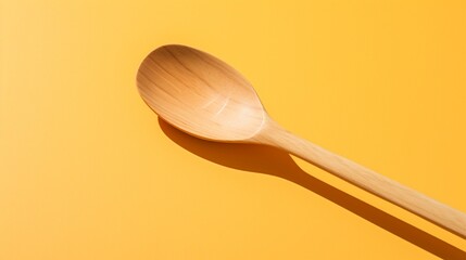 Wooden spatula and ladle on a sunshine yellow surface.