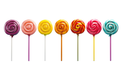 Set of realistic spiral striped colorful lollipops on plastic sticks isolated on transparent background