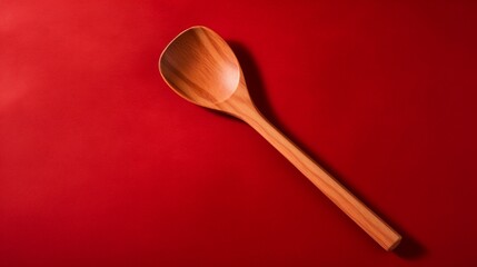 Wooden spatula and ladle on a radiant red surface.
