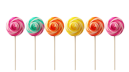 Set of realistic spiral striped colorful lollipops on plastic sticks isolated on transparent background